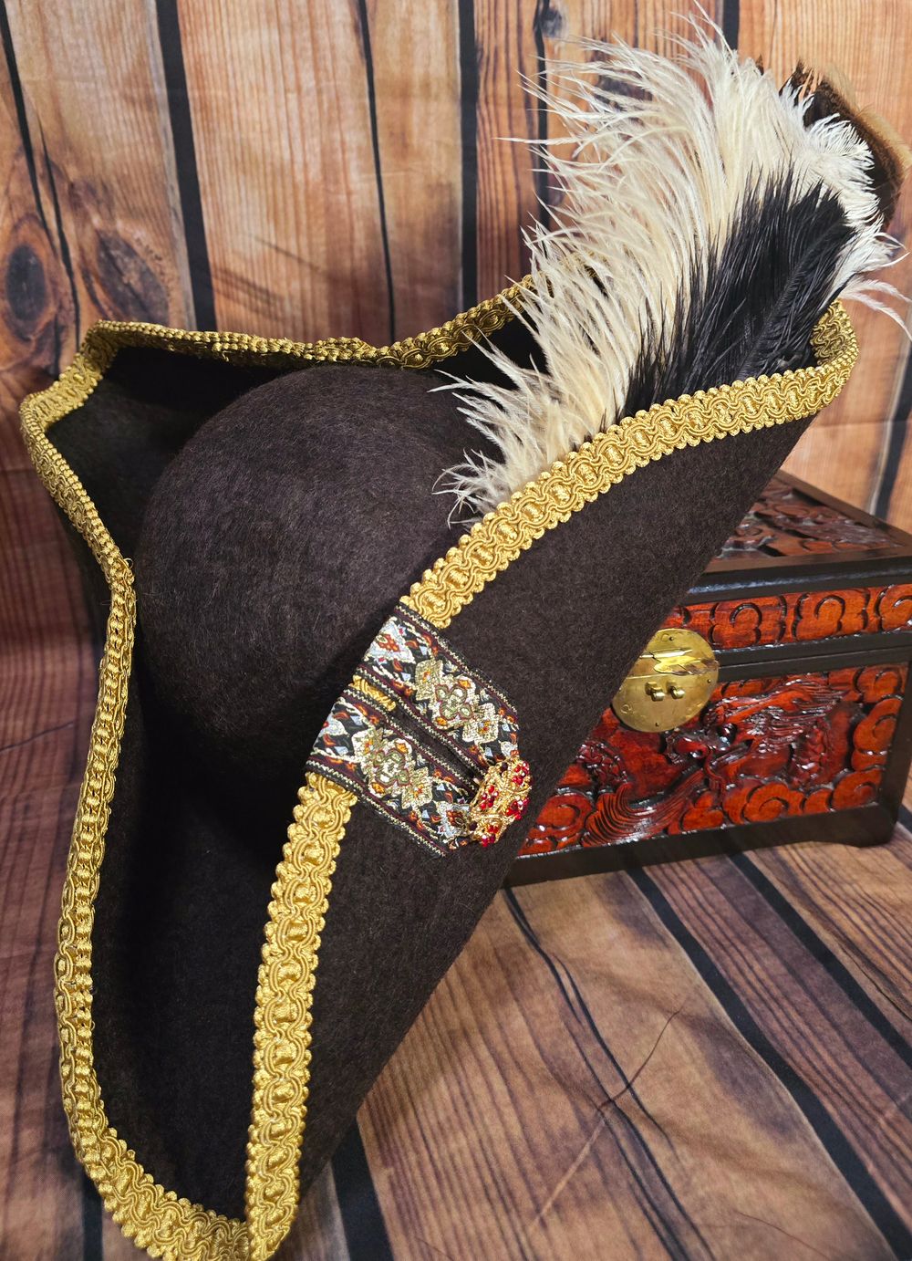 Chocolate Brown & Gold with Red Brooch Pirate Hat