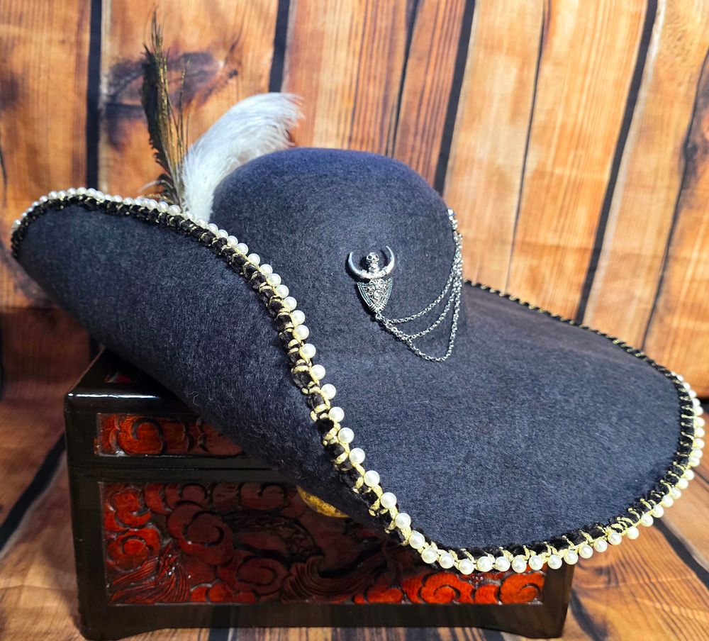 Blue Grey Pirate Hat with Pearl Trim