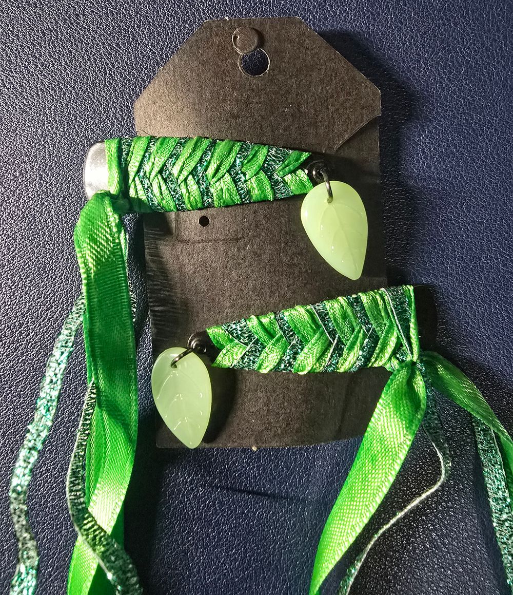 Ribbon Barrette - Green Silk with Green Glitter & Leaf Charms