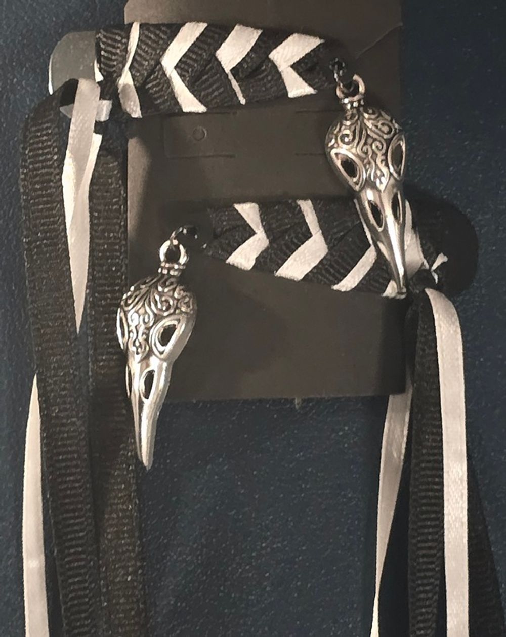 Ribbon Barrette - Black & White Raven Skull